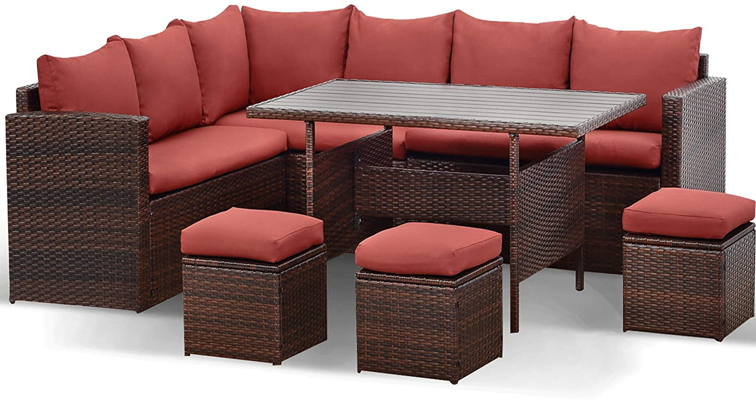 7-Piece Outdoor Dining Sectional Sofa Couch with Dining Table and Chair