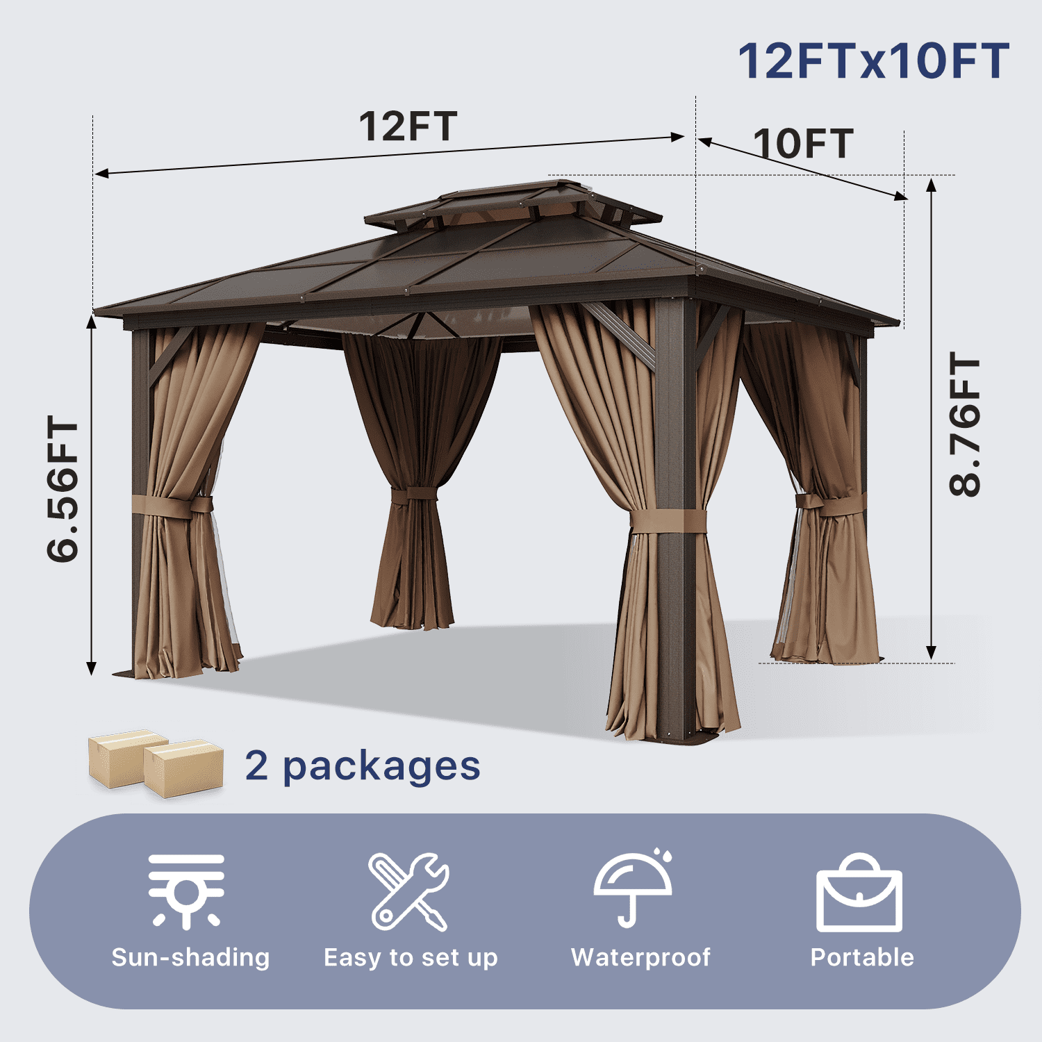 Nordivale 12x10 FT Outdoor Hardtop Gazebo – Double-Layer Polycarbonate Canopy, Aluminum Frame, Curtains & Mesh Screens, Ideal Shading Solution for Garden, Patio & Yard