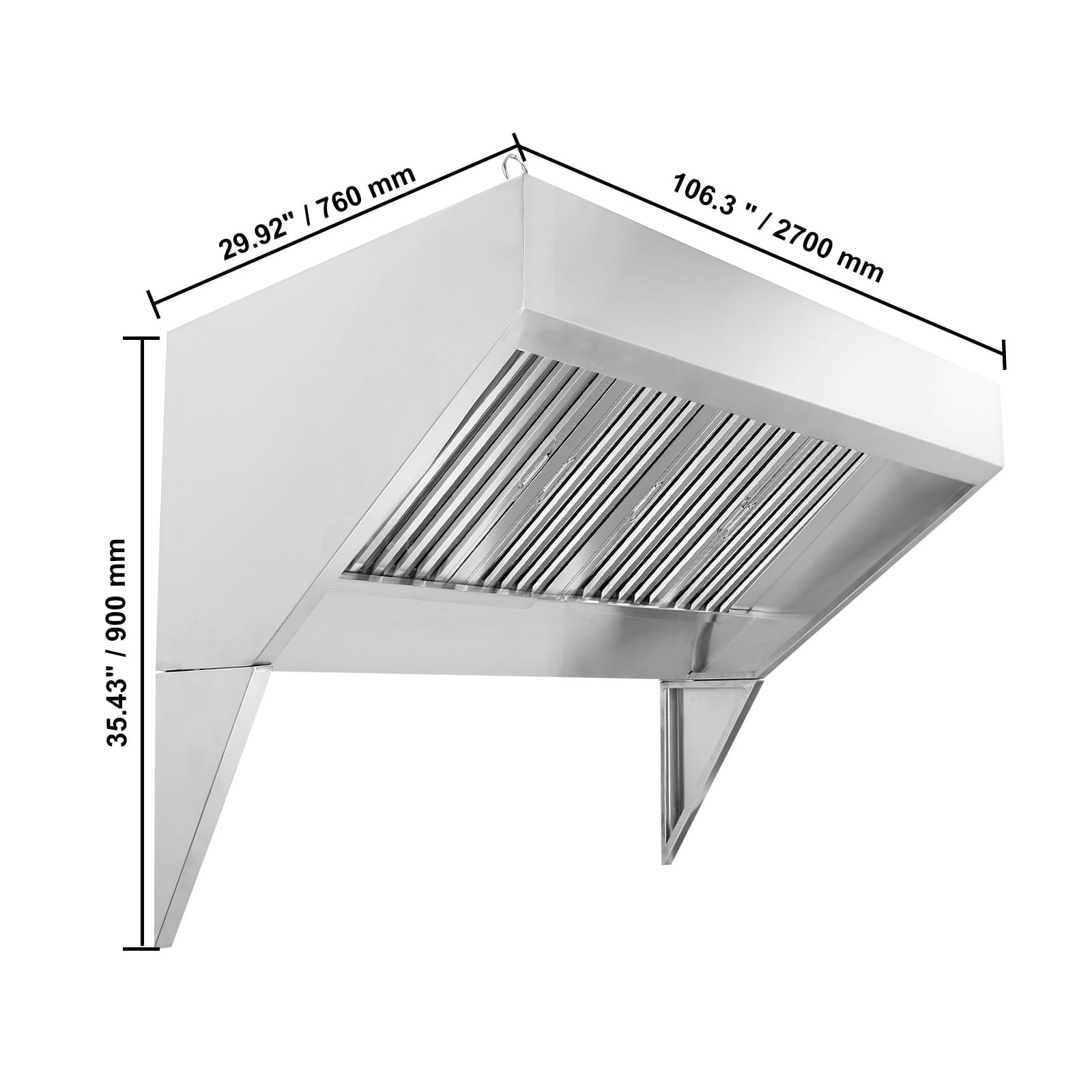 KFFKFF 108in Commercial Exhaust Hood 9ft Food Truck Hood Exhaust 201 Stainless Steel Vent Hood with 2 Detachable U-shaped Grid Oil Filter Mesh for Food Truck Restaurant Kitchen Exhaust