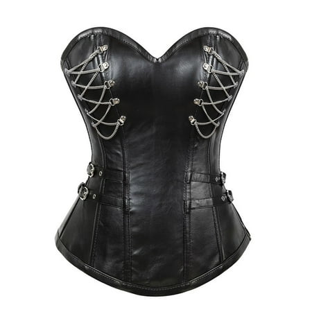 Luxalzxs Black Corset Top for Women Retro PU Leather Front Zipper Overbust Waist Cincher Bustier Bodyshaper Top Shapewear Gothic Bustier Corset with Chains