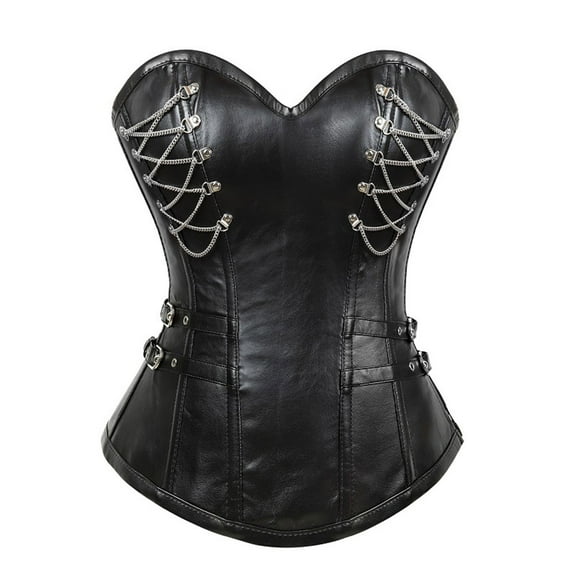 Luxalzxs Black Corset Top for Women Retro PU Leather Front Zipper Overbust Waist Cincher Bustier Bodyshaper Top Shapewear Gothic Bustier Corset with Chains
