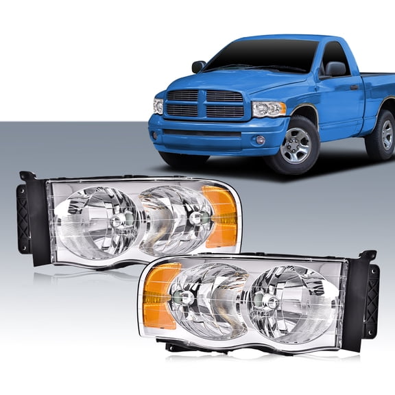 Pair Headlights Assembly Fit for 2002-2005 Dodge Ram 1500/ 2003-2005 Dodge Ram 2500 3500 Headlamp Assembly Clear Lens Chrome Housing Amber Corner