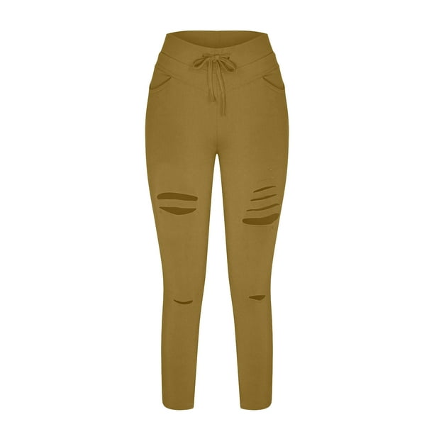 Ripped Leggings for Womens High Waisted Leggings for Women, Cutout Stretch  Twill Pants Cropped Trousers with Pockets