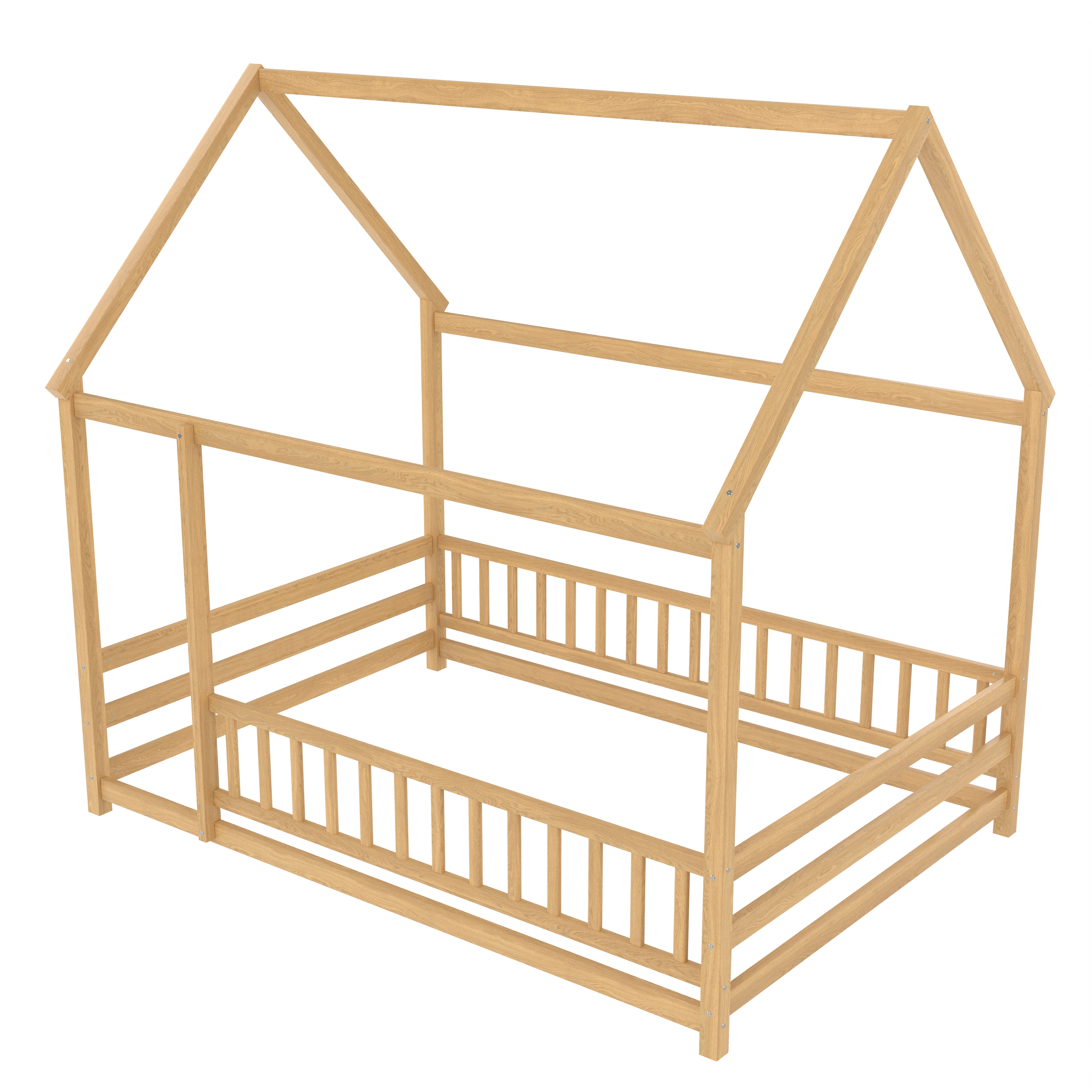 Floor Wooden Bed with House Roof Frame, Full Size Fence Guardrail Bed for Kids, Natural Pine Wood Children's Bedroom Furniture, Roof Design for DIY Decoration and Mosquito Net