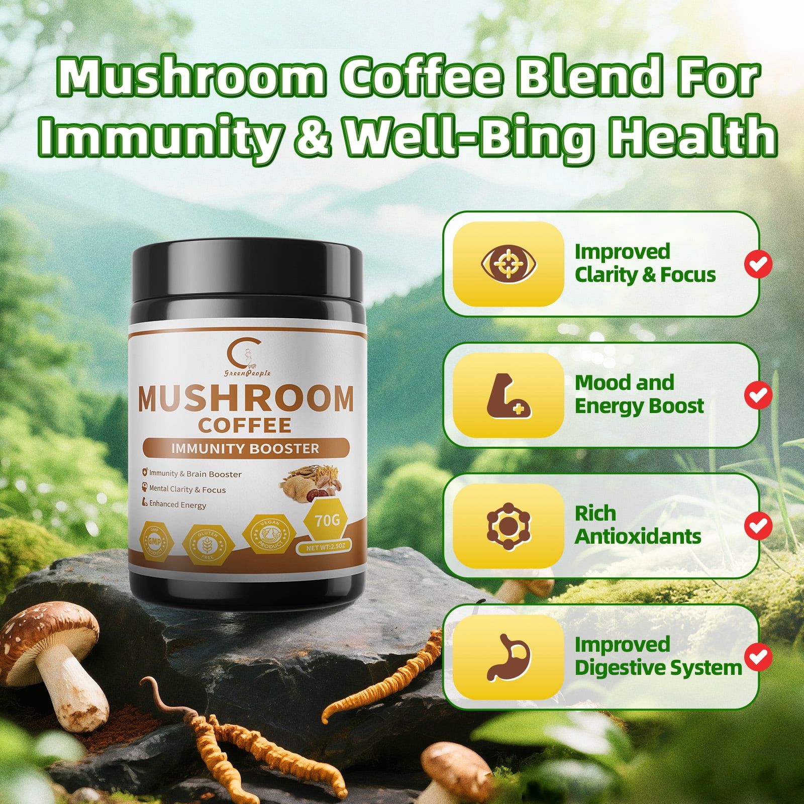 Mushroom Coffee Powder, Organic Instant Coffee, Mushroom Blend Complex Supplement for Focus & Memory,Brain, 2.5Oz(70g)