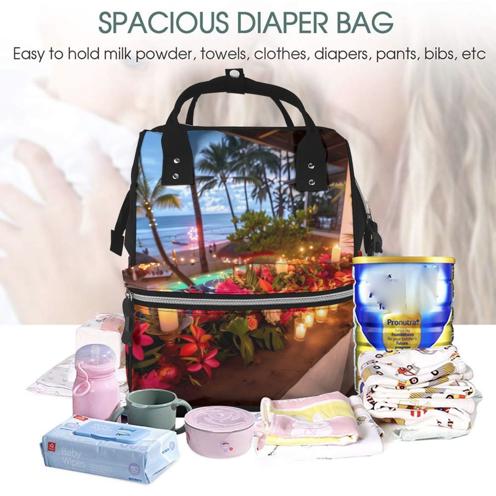 Fuzoiu Tropical Beach Candlelight Print Diaper Bag Backpack,Baby Essentials Travel Tote,Multi function Waterproof Diaper Bag, Travel Essentials Baby Bag - Unisex