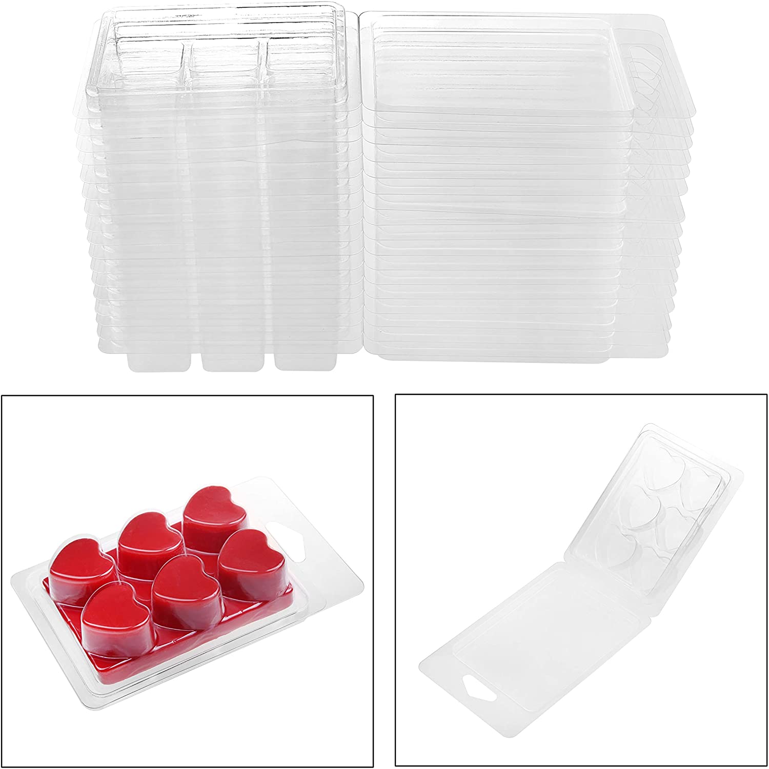 MILIVIXAY Wax Melt Containers-6 Cavity Clear Empty Plastic Wax Melt  Molds-100 Packs Heart Shape Clamshells for Tarts Wax Melts. 