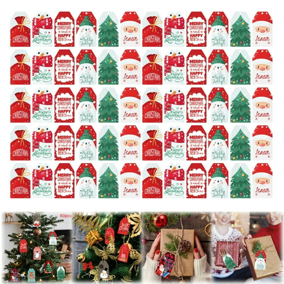 60PCS Paper Christmas Tags, Xmas Brown Tags with Jute for DIY Holiday Gift Wrap, Stamp and Label Name Cards Christmas Gift Tags Holiday Wrapping Accessories 1#