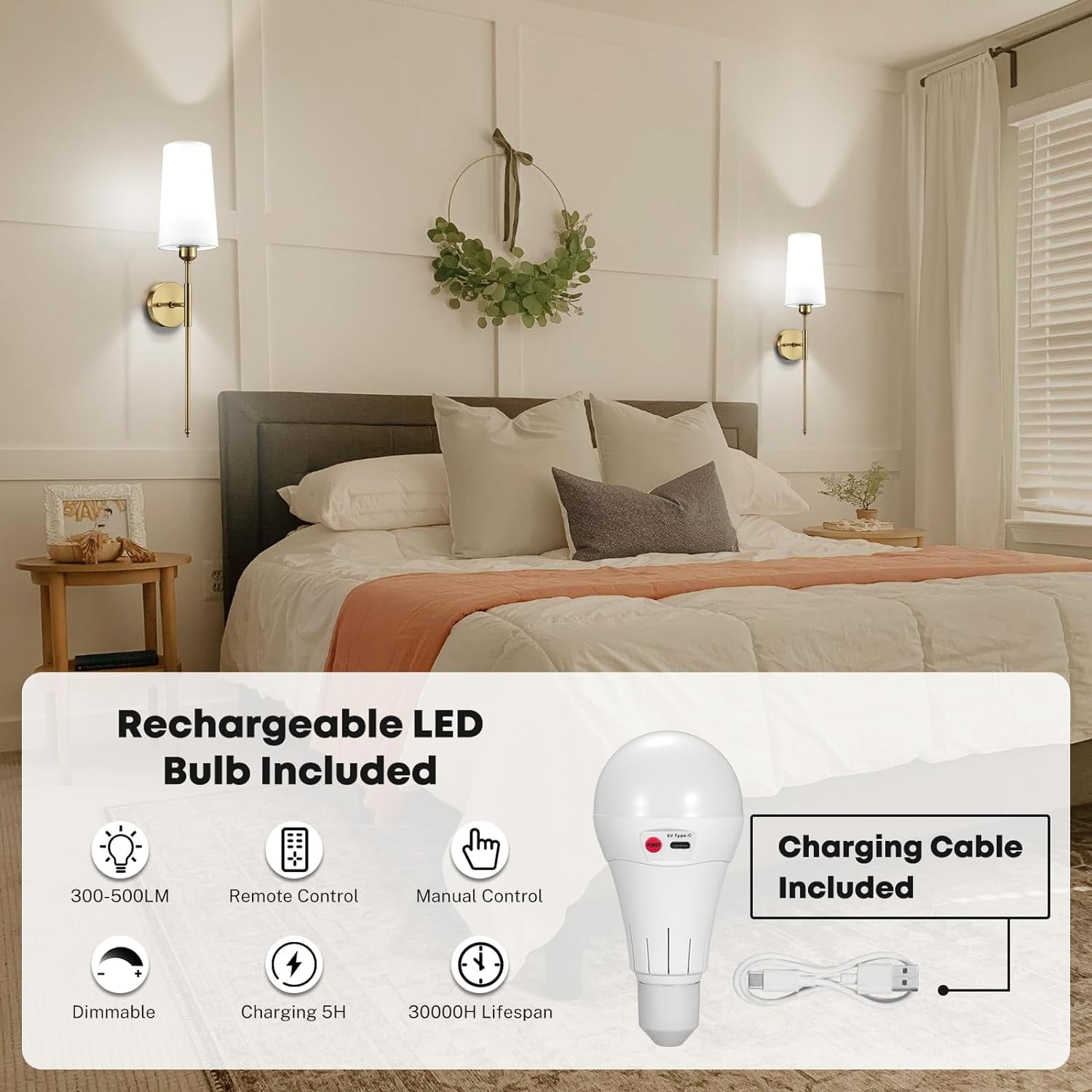 NookNova Dimmable 2-Light LED Brass Battery Powered Wall Sconces (2 Count) Rechargeable Wall Light with Remote,Wireless Battery Operated Wall Lamp For Bedroom, Living Room, Hallway
