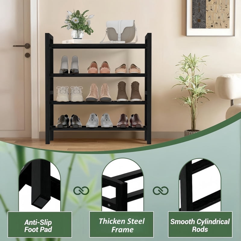 4-Tier Shoe Rack and Upholstered PU Leather Shoe Bench Set of 2, Carbon Steel Free Standing Shoe Storage Shelf