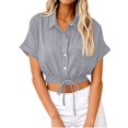 thumbnail image 2 of Women Casual Crop Short Sleeve Button Down Blouses Shirt Collar Loose Fit Shirt Gray XXL, 2 of 6