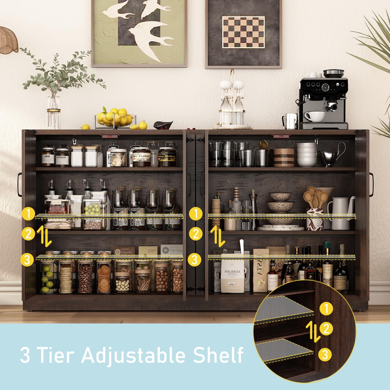 ChVans 65" Farmhouse Kitchen Buffet Cabinet with 4 Barn Doors, 34" Tall Wood Sideboard Credenza with Storage and Adjustable Shelves for Kitchen, Dining Room, Living Room, Brown