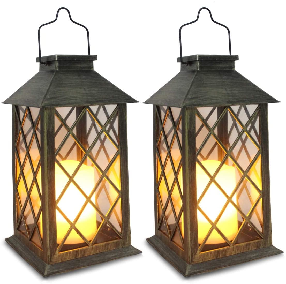 2 x Metal Garden Outdoor Lanterns with Flickering LED Battery Candle Great Value
