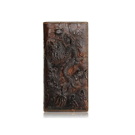 Meigar Men Brown Genuine Leather Dragon Long Short Wallet Coin Money Card Holder