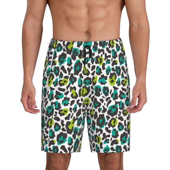 Tideii Green Leopard Print Men's Short Pajama Pants, Elastic Pocket Summer Pajama Pants Sleepwear, Lounge Pants-Small