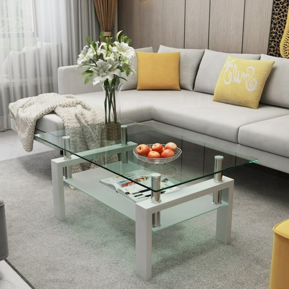 Modern Living Room Coffee Table - White, Clear Glass, 45.1lbs Net Weight, 220LBS Capacity