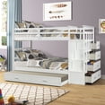 thumbnail image 3 of Kacho Twin Over Twin Bunk Beds with Trundle, Wooden Bed Frame, Wood Twin Bunk Beds with Storage Drawers and Staircase, Bunk Beds with High Length Guardrail for Teens Adults, White, 3 of 7