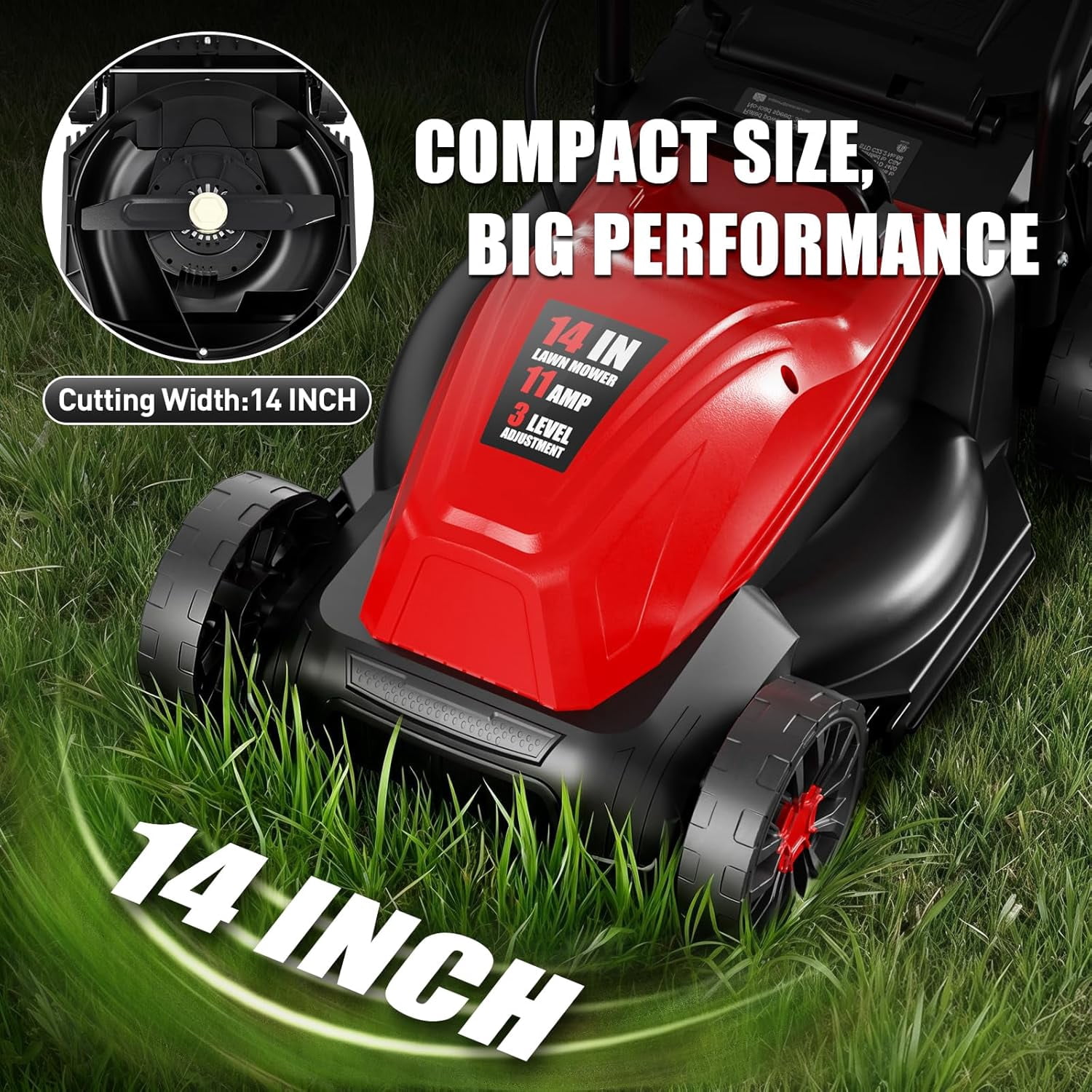 EAYSG 120V Electric Corded Lawn Mower, 14-Inch Cutting Width, 1050W Motor, 3-Position Height Adjustment, Rear Bag Collection, Foldable Handle, Lightweight & Low Noise - Black