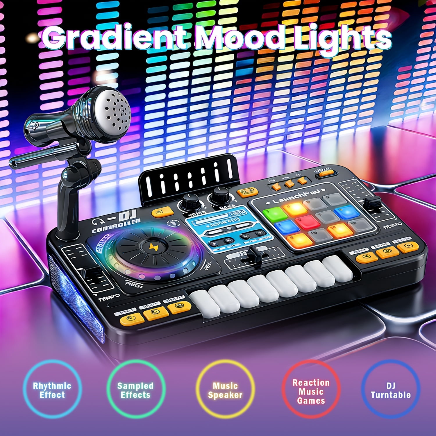 All-in-One DJ Mixing Controller with Electric Keyboard, Sound Effects & Recording Functions for Kids