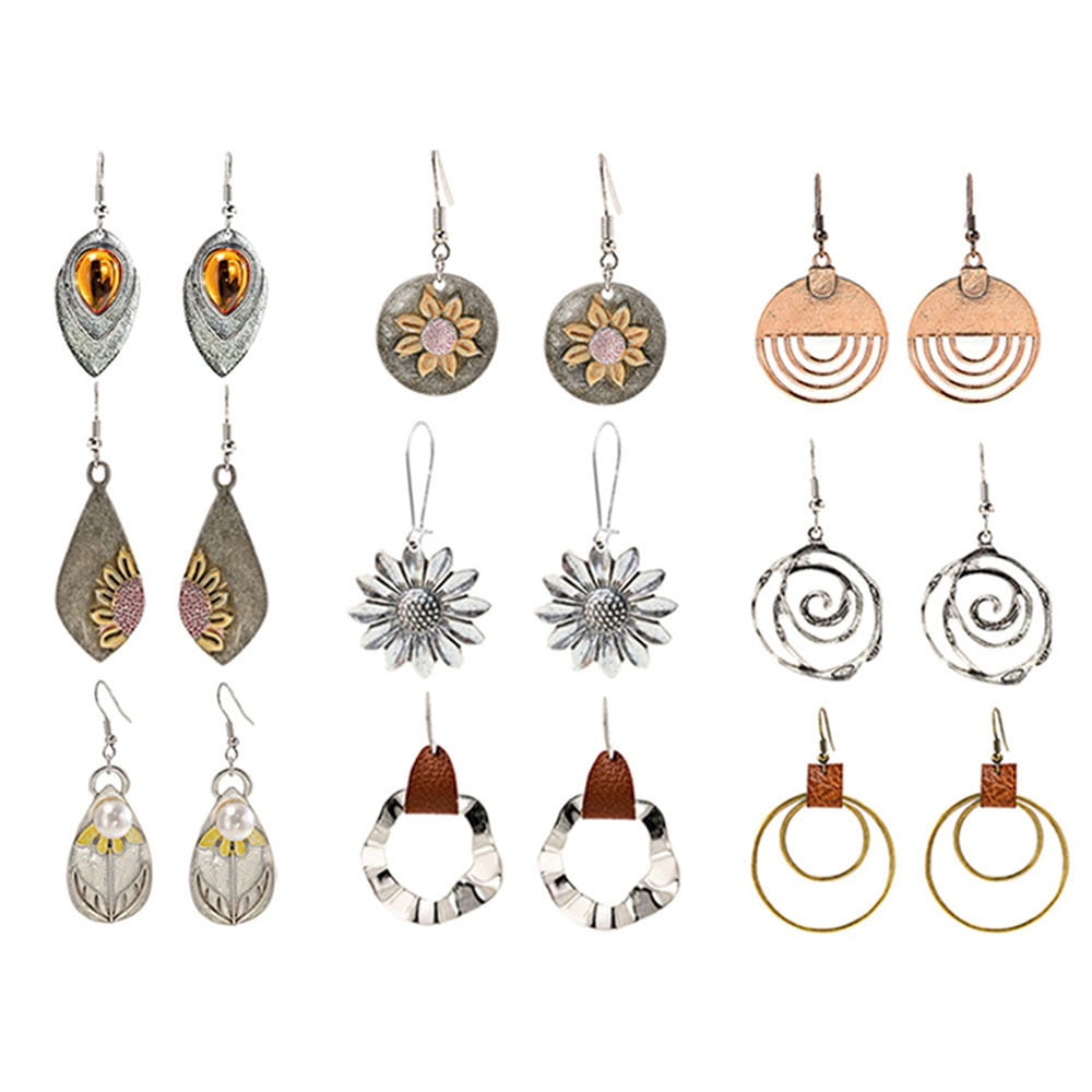 Hotpom 9 Pairs Bohemian Vintage Dangle Earrings Geometric Round Colorful Jewelry Earrings Set Perfect Choice For Ladies' Birthdays and Holidays Gifts