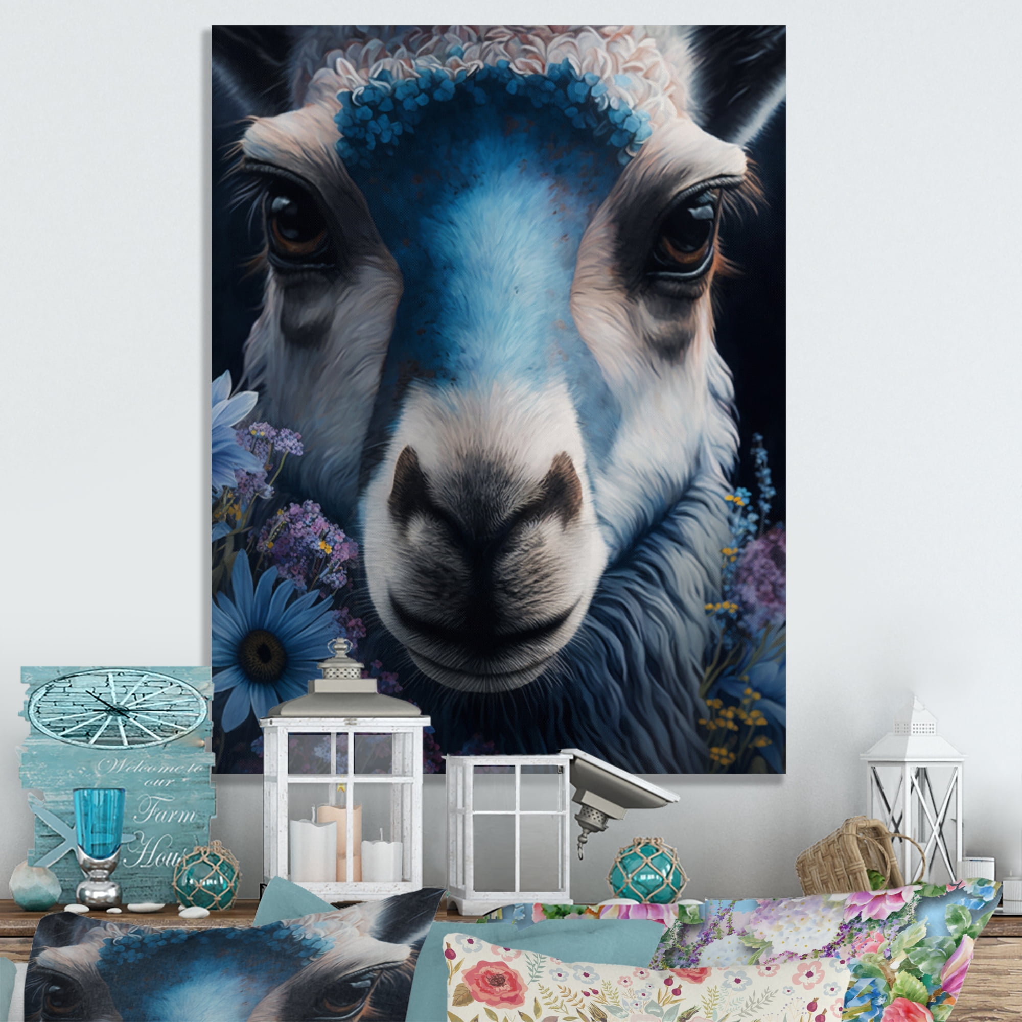 Designart Llama Portrait With Flowers II Canvas Wall Art