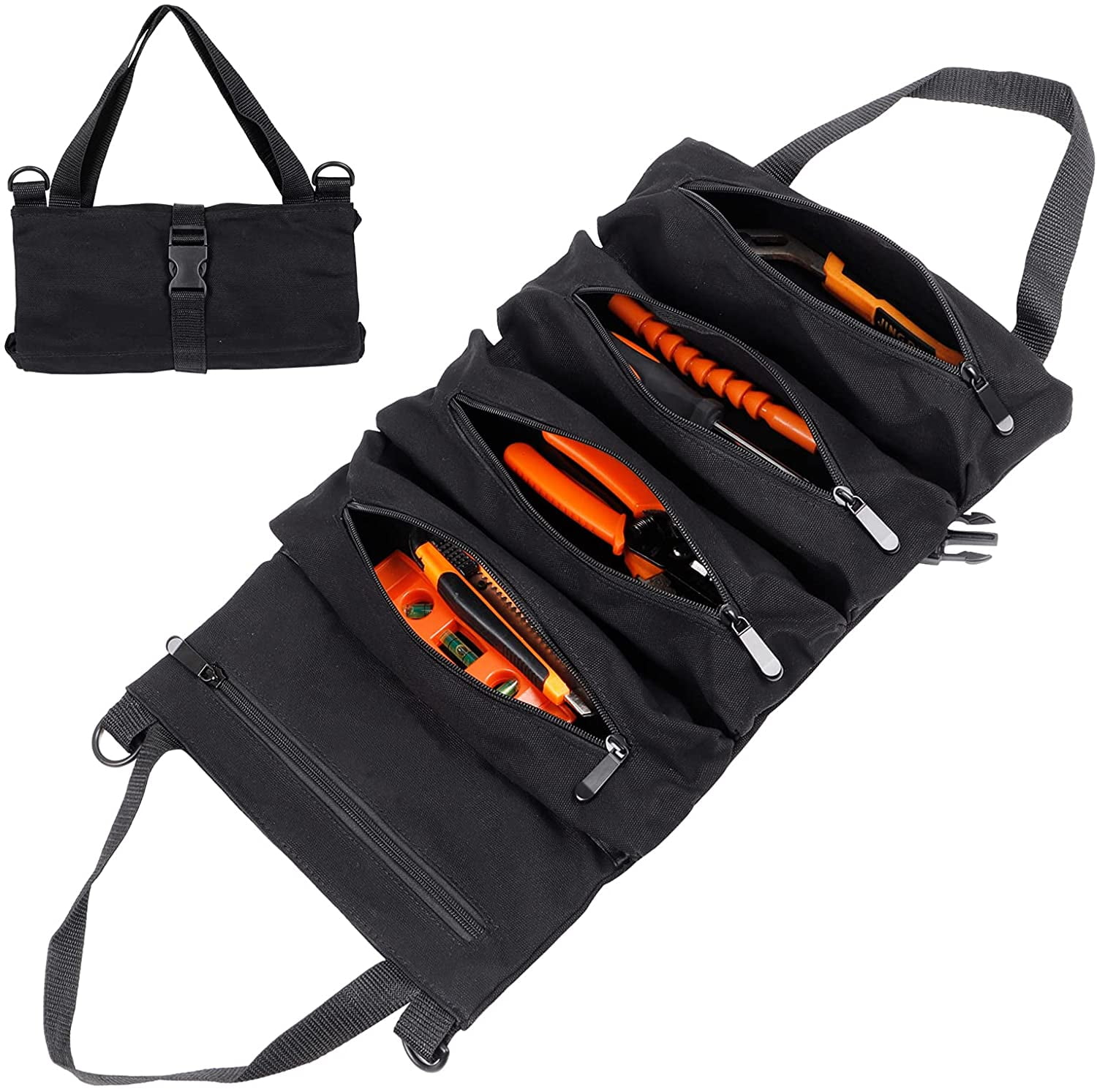 Tool Roll Up Bag, Canvas Multi-Purpose Wrench Roll Up Bag, 5 Zipper Tool Pockets Electricians Tool Roll Organizer, Hanging Tool Zipper Carrier Tote