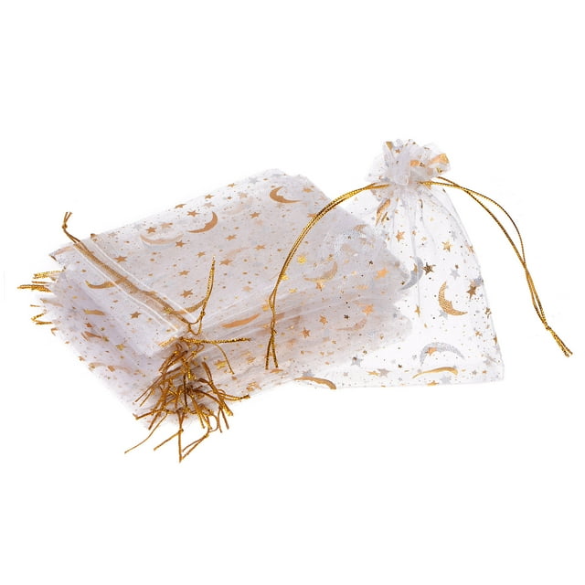 Uxcell Moon Star Printed Organza Bags, 50 Pcs 4.72x3.5 Inch Drawstring Mini Pouches for Party Wedding, White