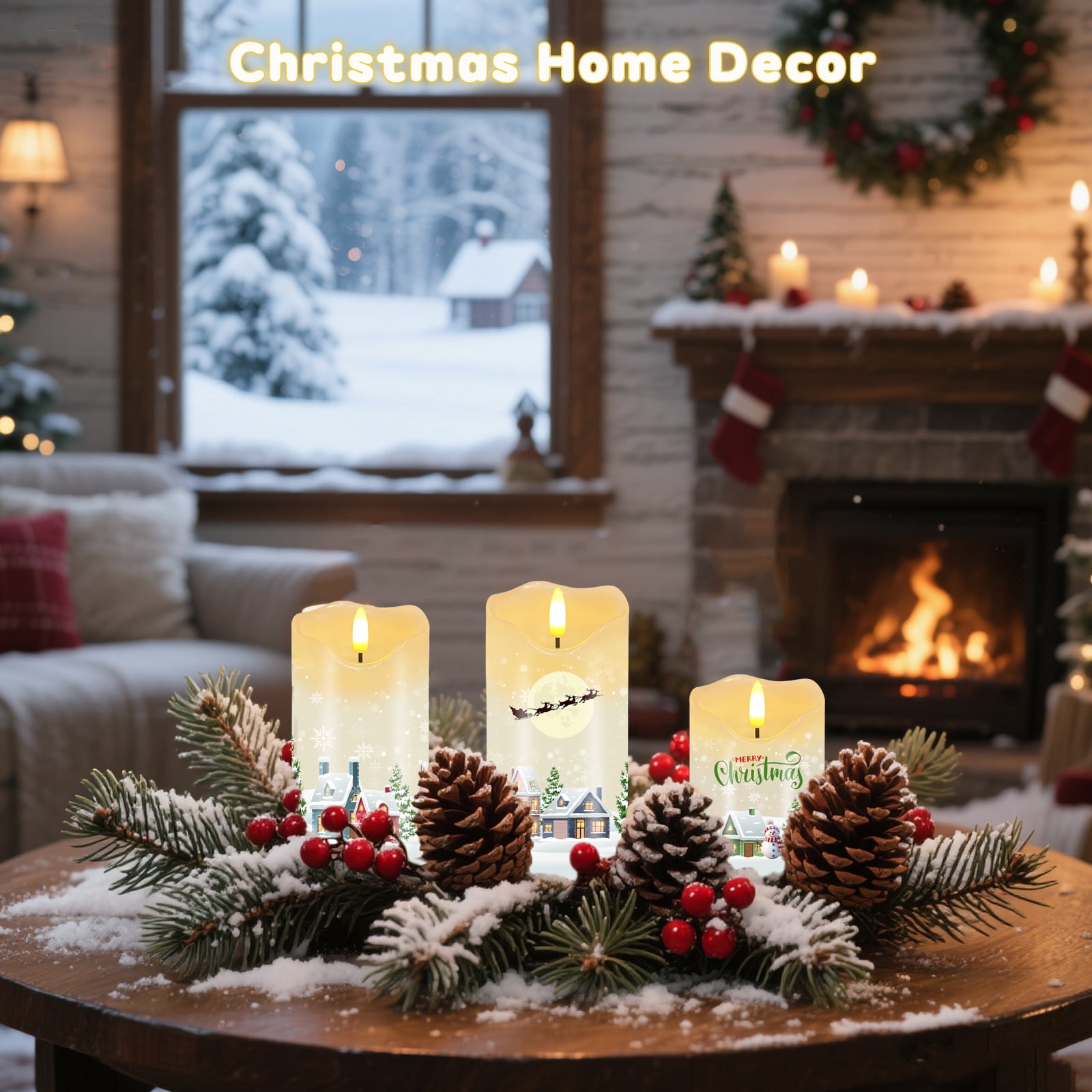 Christmas Flameless Candles, Set of 3 Flickering LED Candles with Remote & Timer, Dimmable Real Wax Electric Pillar Candles Battery Operated for Home Christmas Decor