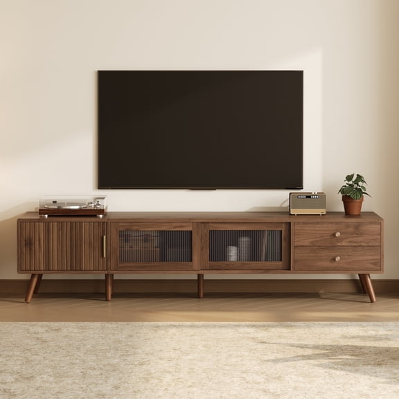 Noble House TV Stand for TVs up to 85", Media Console with Glass-Door Cabinets and Drawers, Natural