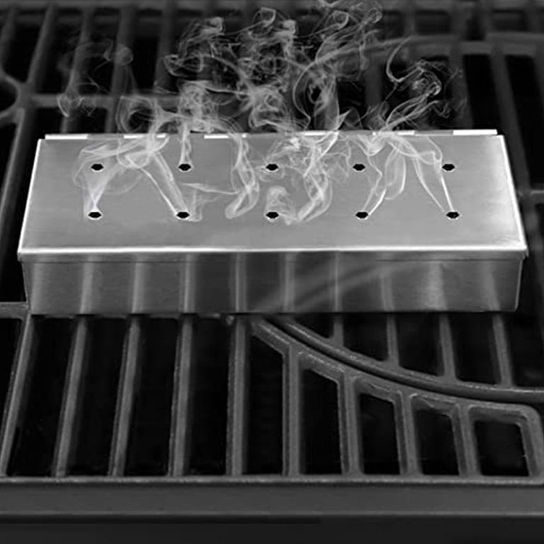 bbq fish smoker box KEISSCO Stainless Steel for Gas Grill & Charcoal Grill, Large Wood Chip Smoker Box for Smoking Meat, Add Delicious Smoked Flavor, Warp Free Grilling Accessories for Lovers so no worries of fire and the holes allow smoke to escape and impart flavor onto your food BBQ Smoker Box for Wood
