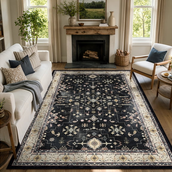 Moynesa 5'x7' Washable Area Rugs for Living Room, Soft Dark Vintage Medallion Distressed Carpet, Low Pile Stain Resistant Classic Traditional Accent Rug for Bedroom Dining Room Office, Black