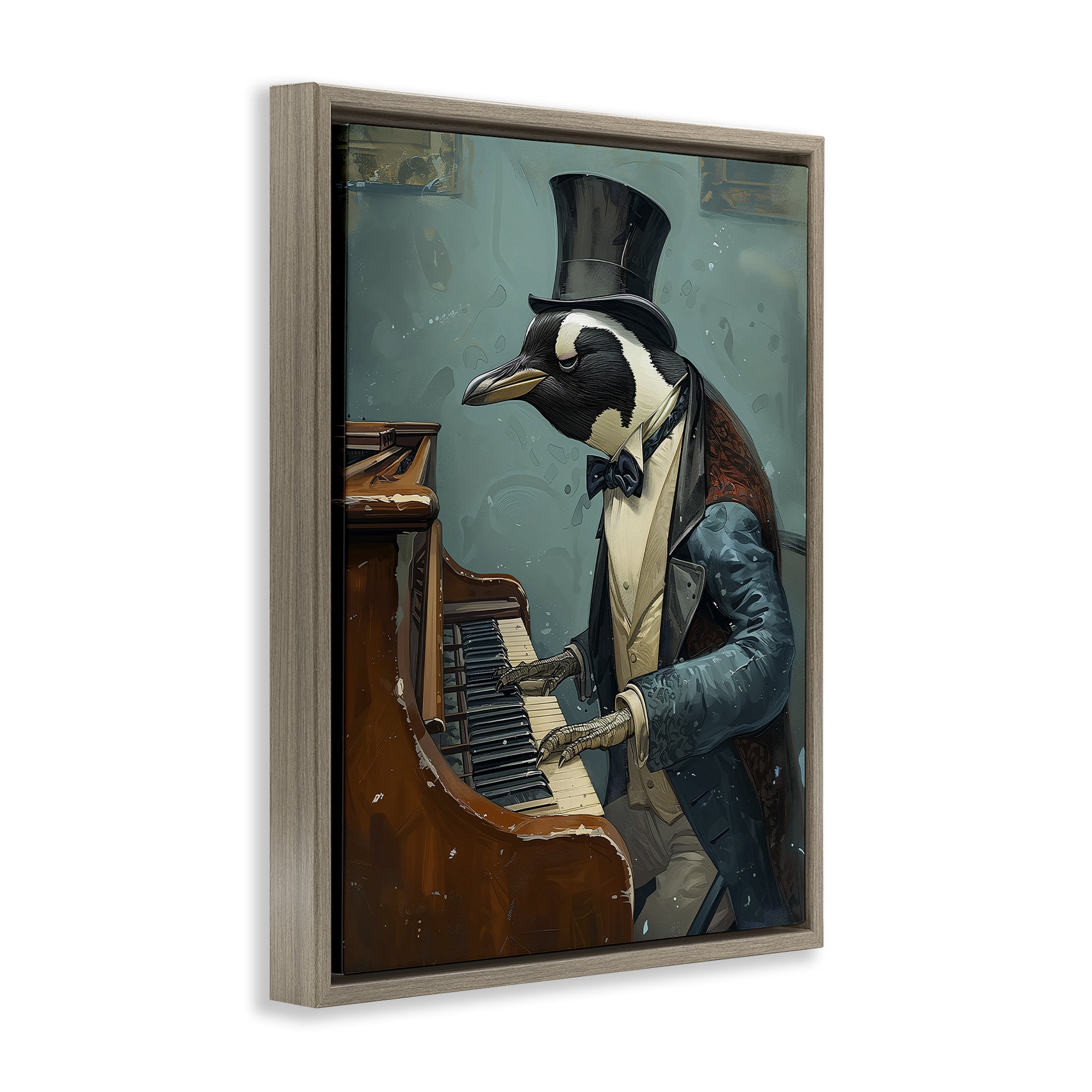 Stupell Industries Piano Playing Penguin Animals & Insects Painting Brown Floater Framed Canvas Art Print Wall Art, 25 x 31