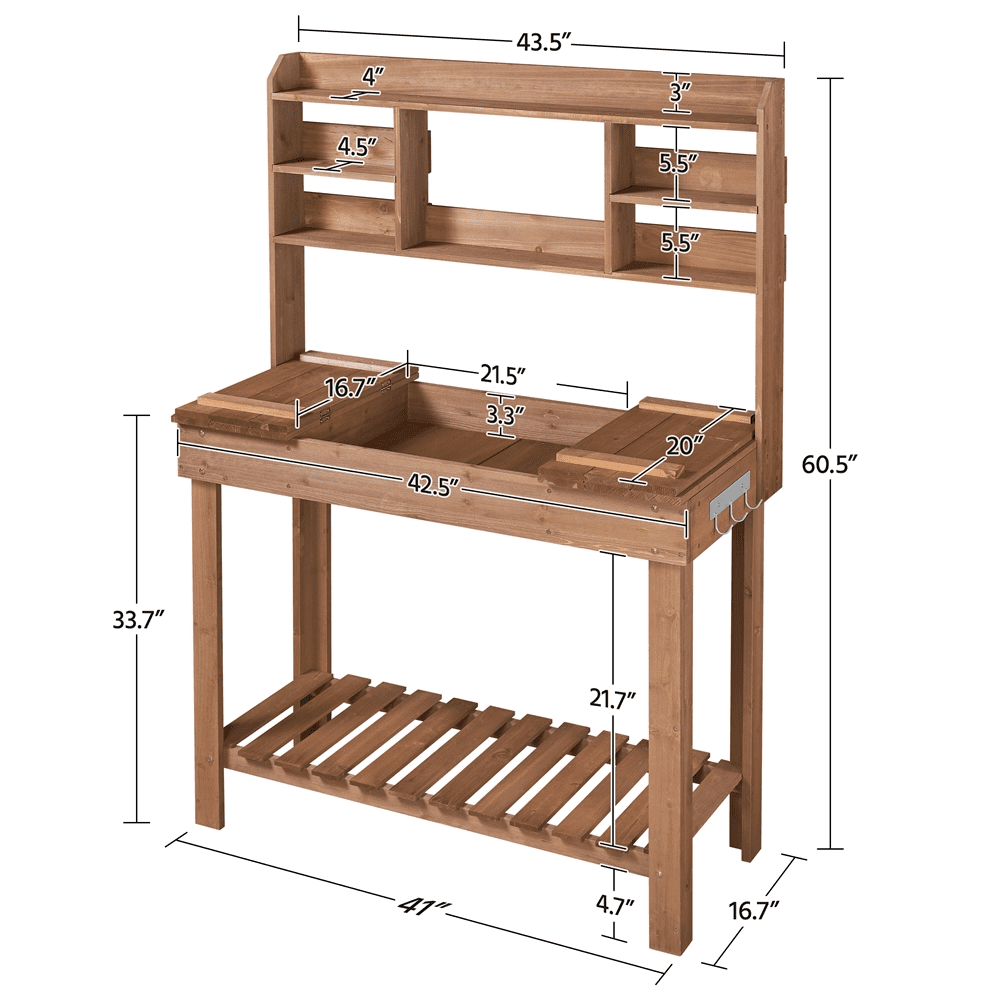 Renwick Potting Bench Table with Display Rack/ Storage Shelf/ Hanger, Brown