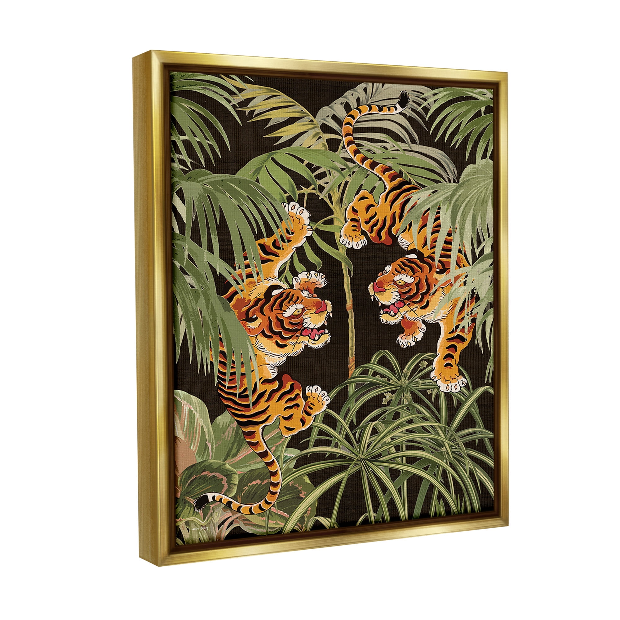 Stupell Industries Fierce Tigers with Plants Animals & Insects Painting Gold Floater Framed Canvas Art Print Wall Art, 25 x 31