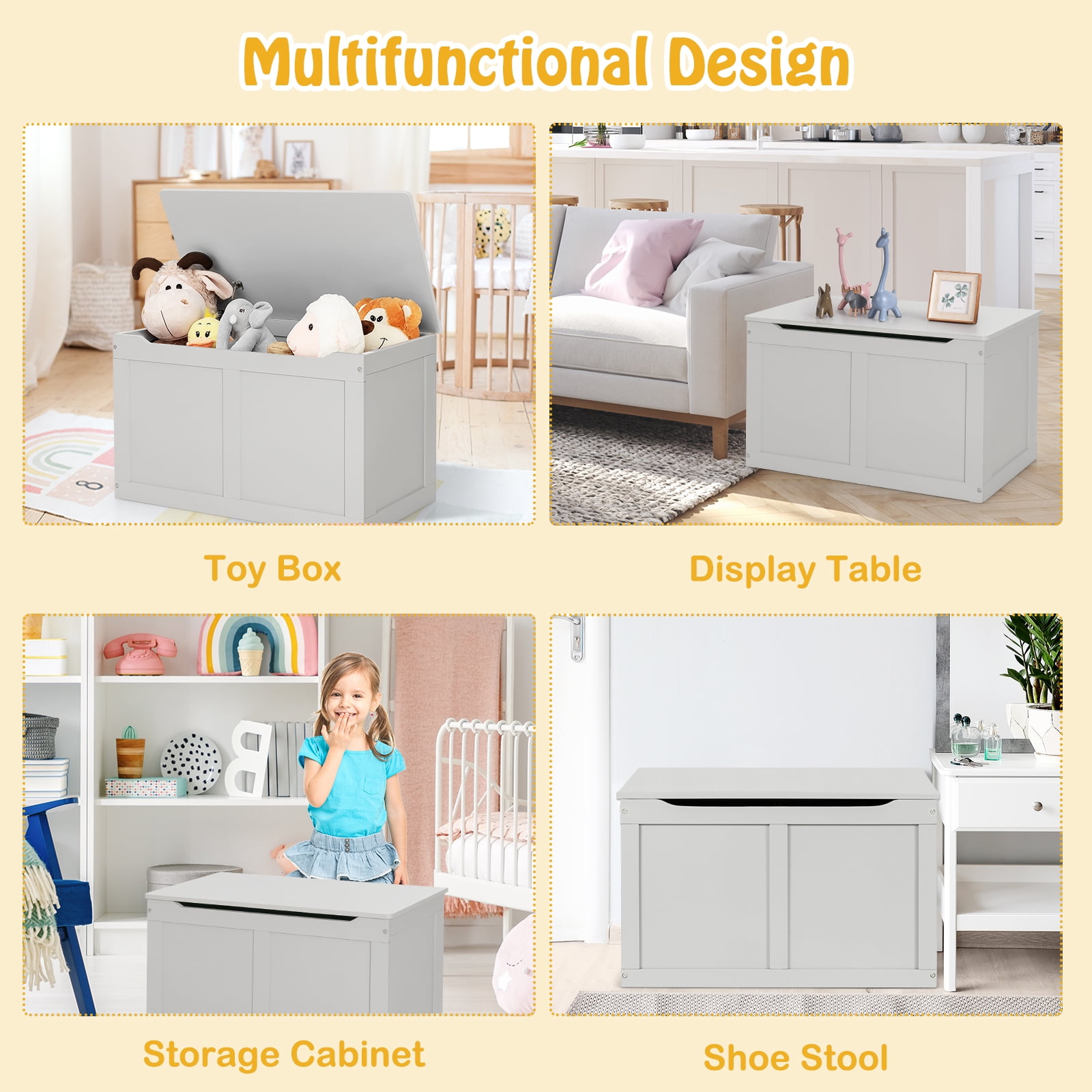 Costway Wooden Toy Box Kids Storage Chest Bench W/ Flip-Top Lid & Safety Hinge