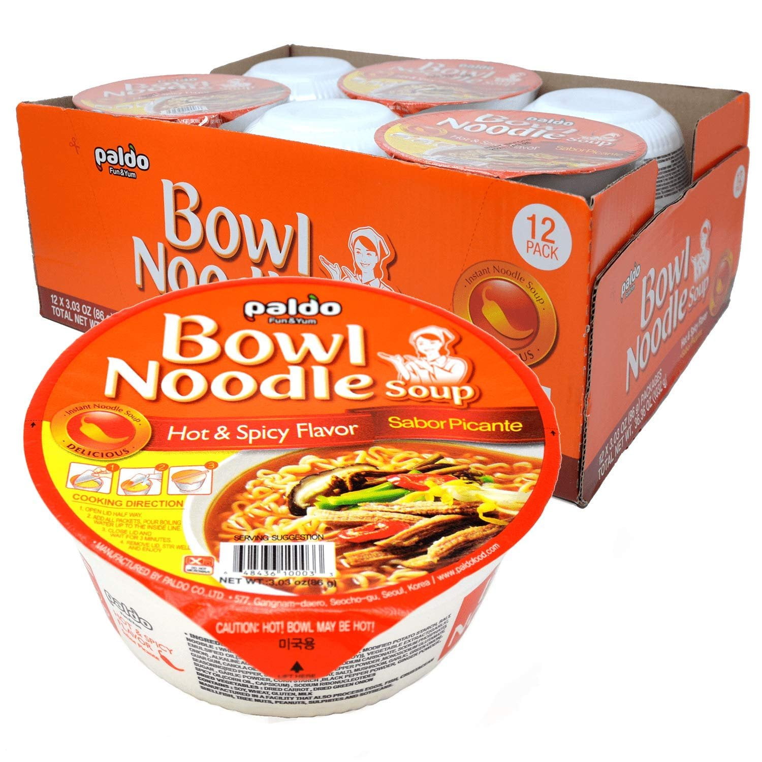 Paldo Fun & Yum Hot & Spicy Instant Cup Noodle Soup Bowl, Pack of 12, Best Oriental Style Korean Ramyun, Most Loved Korean Noodles,    86g (3.04 oz) x 12