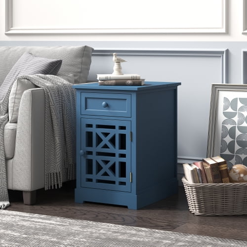Retro End Table With Storage Area For Usb Port Navy Blue Com Retro End Table With Storage, Navy Side Table With Storage