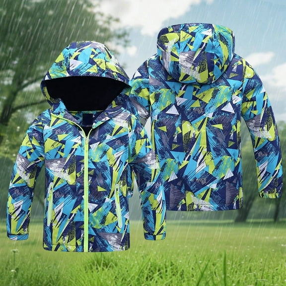 LRen Kids Geometric Print Hooded Windbreaker Jacket, Water Resistant Zip Up Coat for Big Kids Ages 2-10, Outdoor School Daily Wear