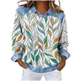 thumbnail image 2 of Long Sleeve Crewneck Pullover for Women Faux Denim Collar Leaf Print Sweatshirt Loose Fit Casual Graphic Top Soft Breathable Daily Wear Clothes, 2 of 5