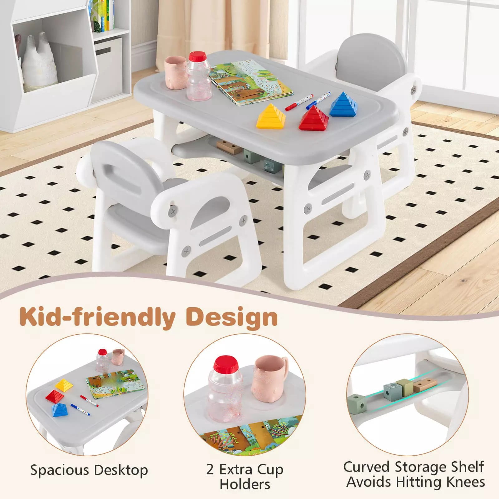 Auranook 3-Piece Kids Table and Chairs Set, Toddler Activity Table with 2 Chairs for Reading, Playing, Storage Rack,Drawing,  Pyramid Building Blocks Set