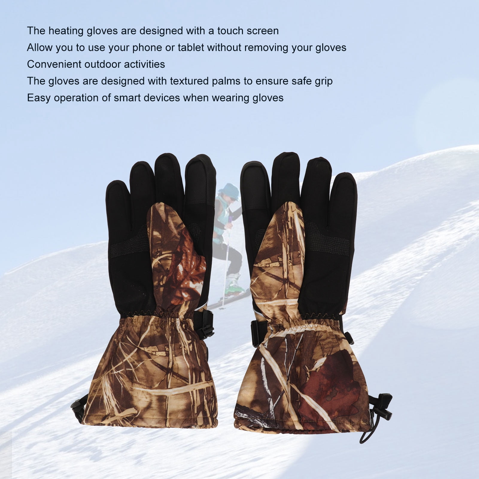 BIMZUC 1 Pair Autumn Winter Rechargeable Battery Electric Heated Gloves Touch Screen Hand Warmer for Outdoor Fishing Skiing Old Reed Camo (15.35 inches / 39 cm)
