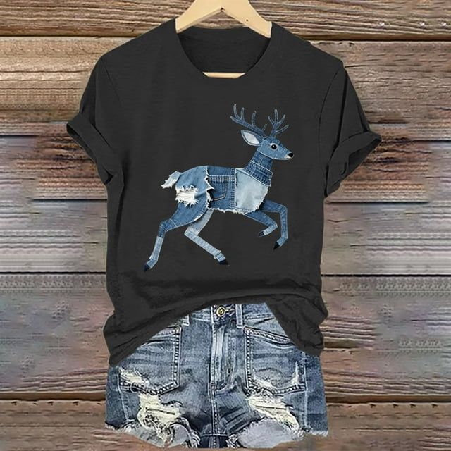 Tejiojio Women's Animal Printed T-shirt Casual Round Neck Short Sleeve Blouses S-2XL