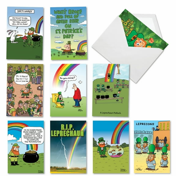 NobleWorks 10 Assorted Box Set Funny St. Patrick's Day Greeting Cards w/5 x 7 Inch Envelopes (10 Designs, 1 Each) Lucky Leprechauns AC10364SPG-B1x10