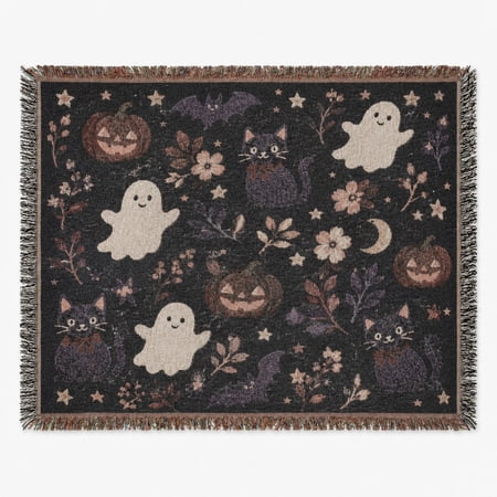 Whimsical Halloween Black Woven Throw Blanket 100% Cotton with Fringed Edges Home Decor