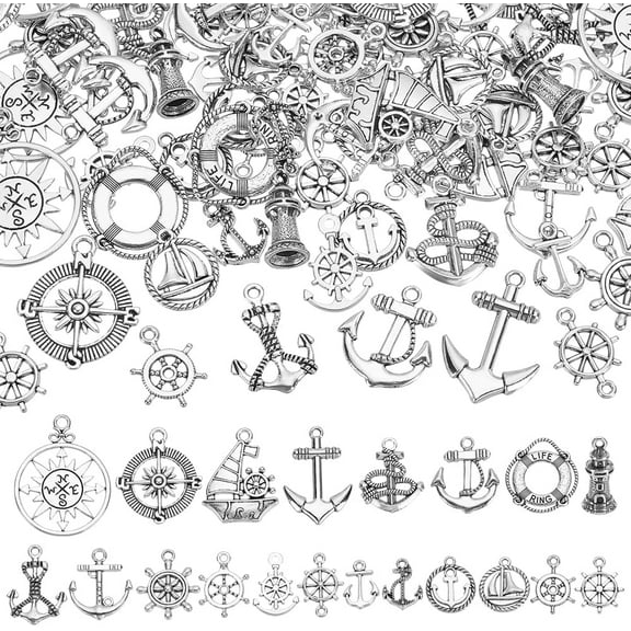 80 pcs 20 styles Tibetan Style Alloy Charms Antique Silver Anchor Theme Pendants Anchor Rudder Helm Ship's Wheel Links Connectors Tower Building Charms for DIY Craft Making Accessory DIY