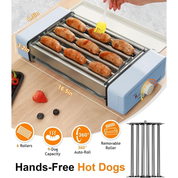 Electric Hot Dog Roller Machine - 3 in 1 Indoor Grill with Nonstick Grate & Pan, Blue