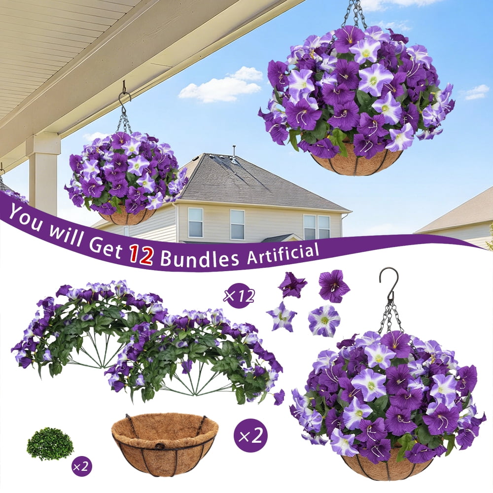 2 Sets Of Artificial Hanging Flower Baskets For Plant Outdoor Decoration, Simulated Silk Anti Uv Morning Glory Flowers, Suitable For Home Porch, Terrace, Garden, Courtyard