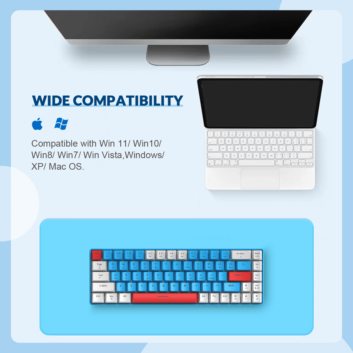 ZIYOULANG T8 60% Gaming Keyboard, 68 Keys Compact Mini Wired Mechanical Keyboard with 18 Chroma RGB Backlit, Blue Switch, USB C Coiled Keyboard Cable for PC Laptop Mac PS4 XBOX -Blue White
