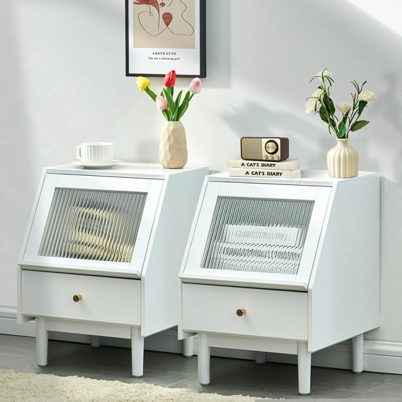 CLIPOP LED Nightstand Set of 2, White Bedside Table with Drawer, Solid Wood Legs, Flip Hidden Fluted Glass Door Night Stand for Bedroom, Small Space