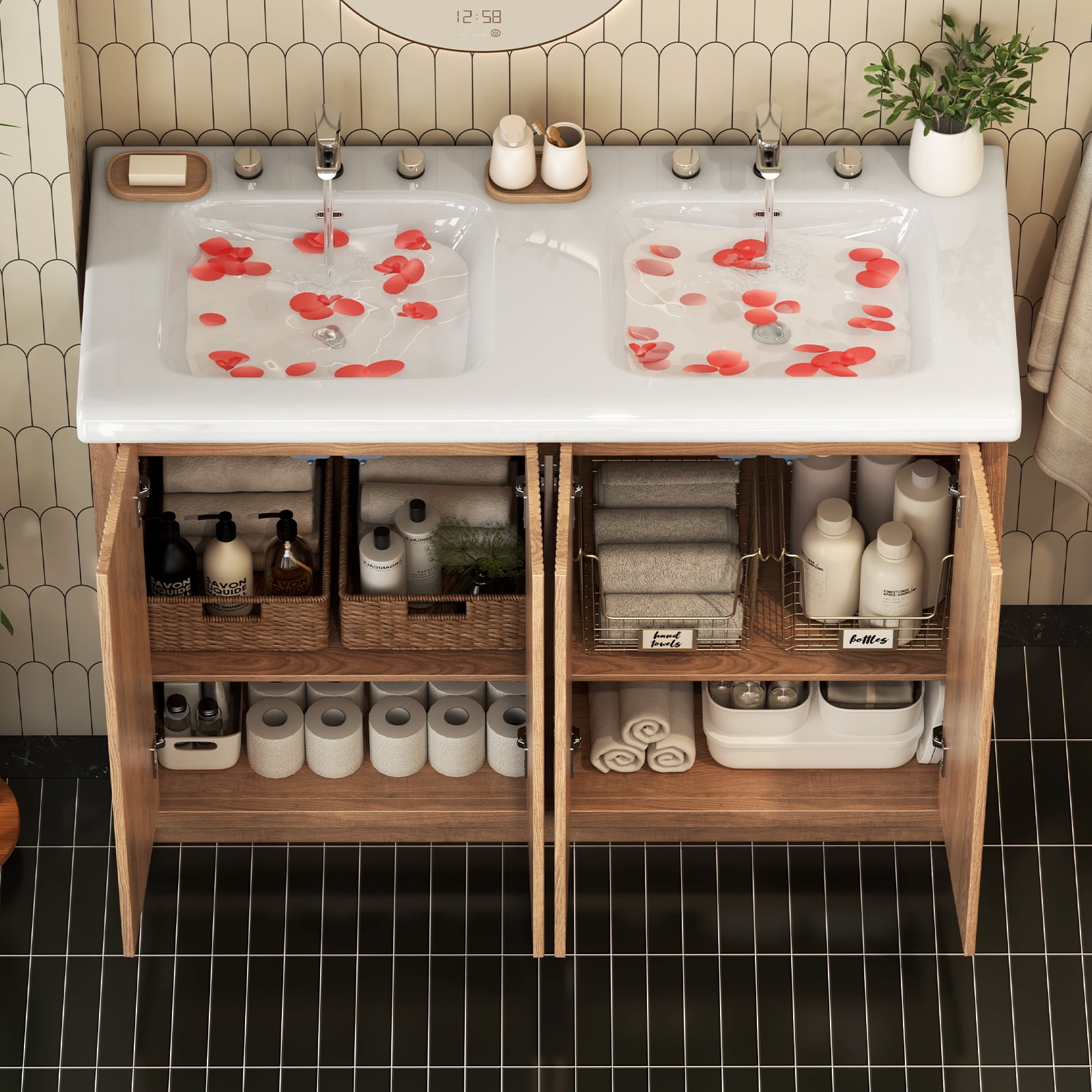 Jarbalai 47" Freestanding Double Sink Bathroom Vanity and Storage Shelves Cabinet, Oak